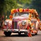 Whimsical and Colorful Wedding Vehicle Adorned with Decorative Elements