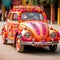 Whimsical and Colorful Wedding Vehicle Adorned with Decorative Elements