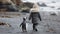 Whimsical Companionship: A Child's Stroll with a Penguin