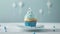 Whimsical cupcake with blue pastel frosting and a single candle, generative ai