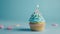 Whimsical cupcake with blue pastel frosting and a single candle, generative ai