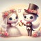 Whimsical cute wedding ring couple valentine illustration