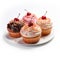 Whimsical Delights - Four Delectable Cupcakes with Red Cherries on a Gleaming White Plate - generative AI