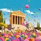 Whimsical depiction of ancient Greek temple transformed into a giant piggy bank