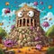 Whimsical depiction of ancient Greek temple transformed into a giant piggy bank