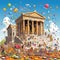 Whimsical depiction of ancient Greek temple transformed into a giant piggy bank