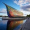 Whimsical depiction of Oslo's Viking Ship Museum with vibrant rainbow-colored fjord