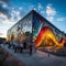 Whimsical depiction of Oslo& x27;s Viking Ship Museum with vibrant rainbow-colored fjord