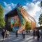 Whimsical depiction of Oslo& x27;s Viking Ship Museum with vibrant rainbow-colored fjord