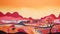 Whimsical Desert Landscape Artwork In Orange And Pink