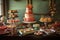 a whimsical dessert table, featuring festive treats and confections in holiday colors