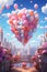 Whimsical digital backdrop featuring heart balloons, clouds, flowers, confetti, and cuteness.