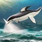 A whimsical dolphin with a unicorn horn, gracefully leaping through an ocean filled with sparkling waves1, Generative AI