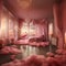 Whimsical Dreams: Surreal Cloud-filled Bedroom with Pink Flamingos