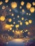 whimsical and dreamy scene with floating lanterns and a starry sky