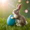 Whimsical Easter bunny poses with blue egg against serene backdrop