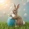 Whimsical Easter bunny poses with blue egg against serene backdrop