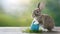 Whimsical Easter bunny poses with blue egg against serene backdrop