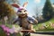 Whimsical Easter bunny riding a skateboard and