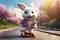 Whimsical Easter bunny riding a skateboard and