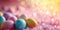 Whimsical Easter joyful background, lights in the spring background, pink, turquoise, colorful eggs, with copy space