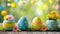 Whimsical Easter joyful background, lights in the spring background, pink, turquoise, colorful eggs, with copy space