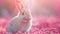 Whimsical Easter rabbit nestled among pink flowers, joyful and serene