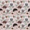 Whimsical Family portraits - big and baby ostriches with euqaliptus branches. Seamless pattern with hand drawn digital