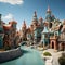 Whimsical and fantastical village with water in a futuristic style