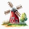Whimsical Farming: Watercolor Illustration of a Single Windmill on a Serene Farm,AI Generated