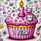 Whimsical First Birthday Cupcake with Kitten Illustration