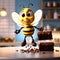 Whimsical Flight: 3D Full-Body Pixar Bee Soaring Up near a Beautiful Chocolate Brownie, Illuminated to Highlight the Delightful