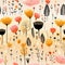 Whimsical floral pattern with playful illustrations on tan background (tiled)