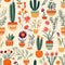 Whimsical Folk Art Cactus Pattern On Ivory Background