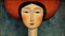 Whimsical Folk-inspired Woman With Red Headdress A Modigliani Masterpiece