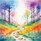 Whimsical Forest Landscape with Colorful Footprints