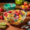 whimsical fruit salad in a brightly colored melamine bowl