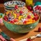 whimsical fruit salad in a brightly colored melamine bowl