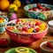 whimsical fruit salad in a brightly colored melamine bowl