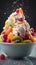 Whimsical fruits salad with ice cream in bowl and fruits on dark background. AI Generative