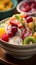 Whimsical fruits salad with ice cream in bowl and fruits on dark background. AI Generative