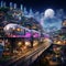 Whimsical Futuristic Cityscape with Flying Model Trains