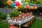 a whimsical garden party with colorful lanterns, floral arrangements and fanciful table settings