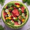 A whimsical garden salad served inside a hollowed-out watermelon, adorned with edible flower petals1