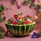 A whimsical garden salad served inside a hollowed-out watermelon, adorned with edible flower petals2