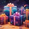 Whimsical gift-giving scene with colorful floating gift boxes