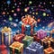 Whimsical gift-giving scene with colorful floating gift boxes