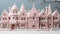 Whimsical gingerbread village in snowy wonderland with candy cane street lamps and snowmen