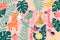 Whimsical Giraffes Frolicking With Lemons and Palm Leaves on a Pink Canvas