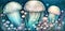 Whimsical glowing ornate jellyfish in the ocean. Underwater life. Decorative horizontal pattern. Generative AI